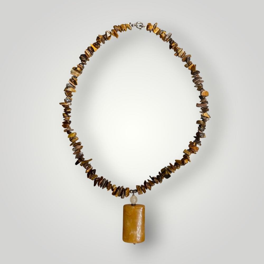 Vintage Tiger Eye Gemstone Chip Necklace Sterling Silver 925 Yellow Jade Pendant - Picture 1 of 13